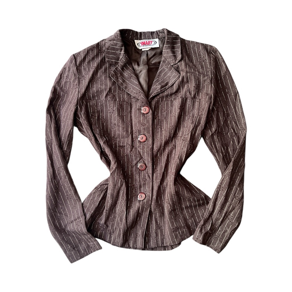 brown and cream pinstripe 2000s y2k office siren blazer button up top